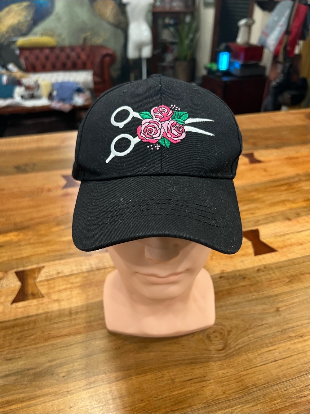 Black Baseball Cap with Pink Rose & Scissors Embroidery